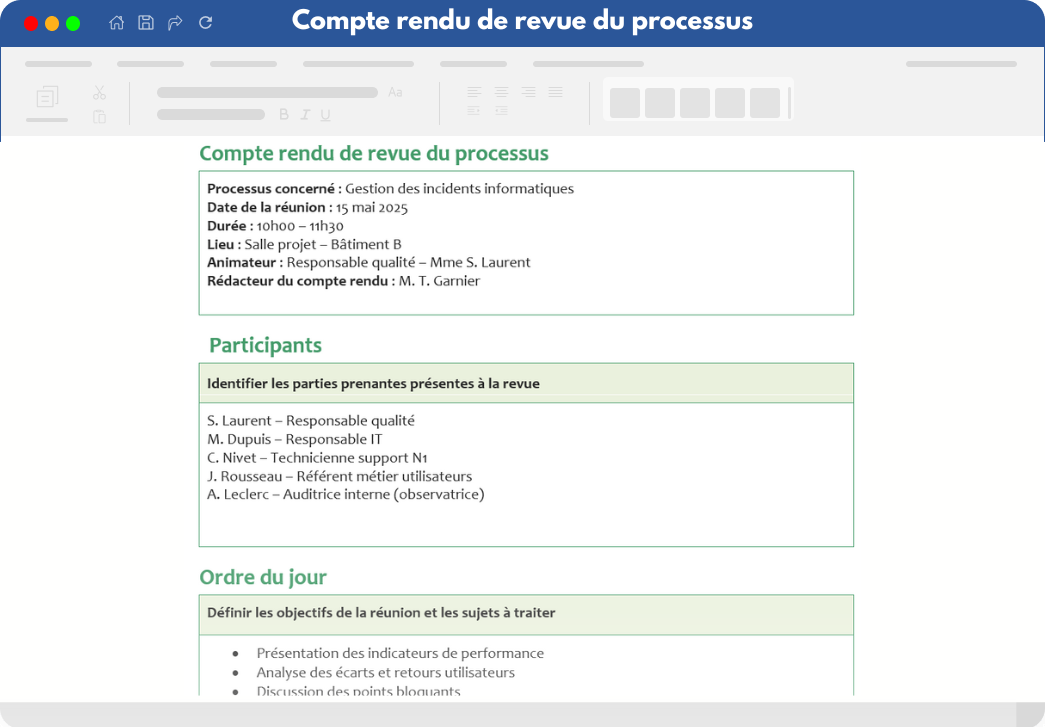 Compte rendu de revue du processus Compte rendu de revue du processus