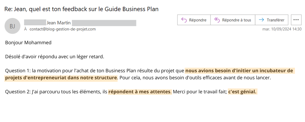 témoignage satisfaction guide business plan