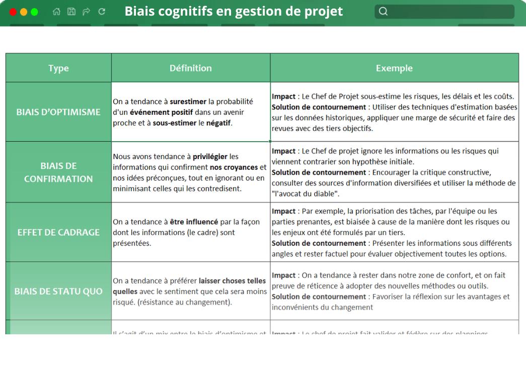 Biais cognitifs en gestion de projet Biais cognitifs en gestion de projet