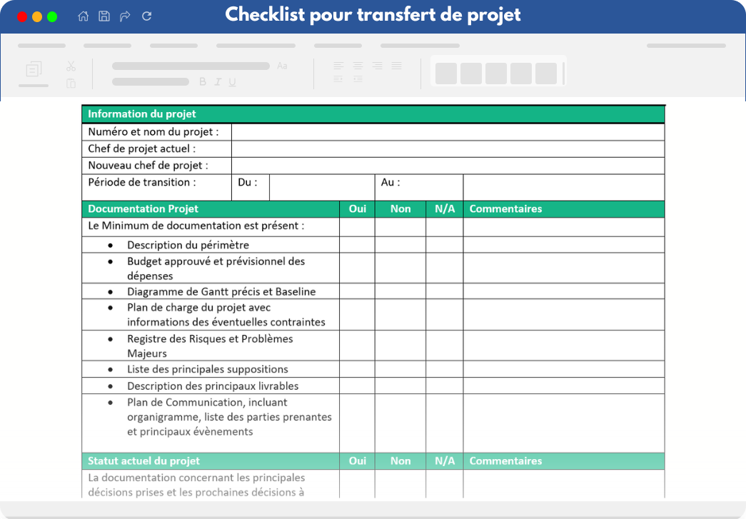Checklist pour un transfert de projet entre chefs de projet Checklist pour un transfert de projet