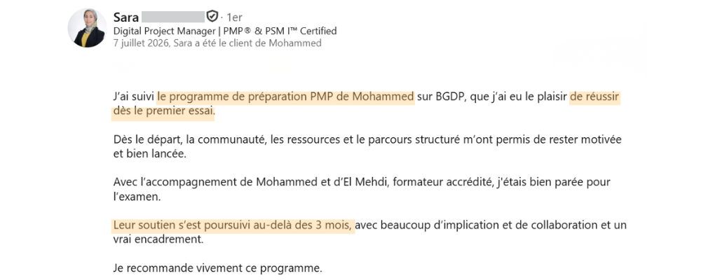 testimonial PMP Sara ait taleb
